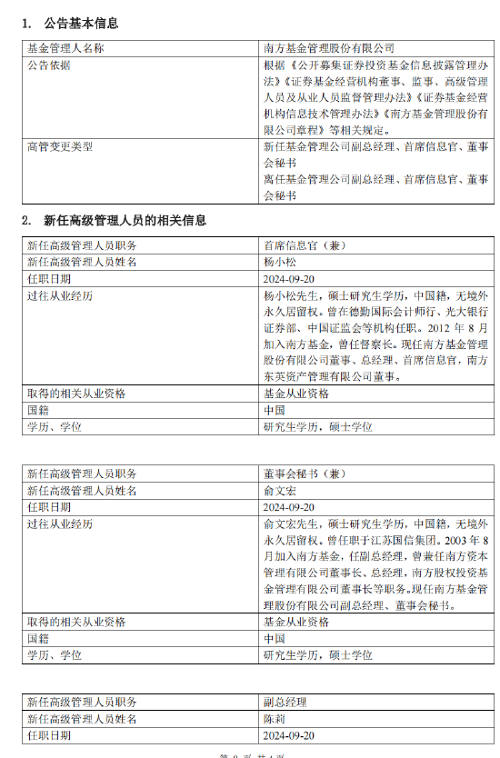 南方基金完成高管团队换届：常克川、朱运东、史博卸任 新任陈莉、李海鹏、孙鲁闽、侯利鹏、茅炜为副总经理