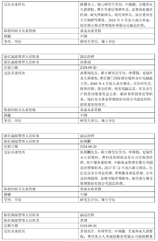 南方基金完成高管团队换届：常克川、朱运东、史博卸任 新任陈莉、李海鹏、孙鲁闽、侯利鹏、茅炜为副总经理