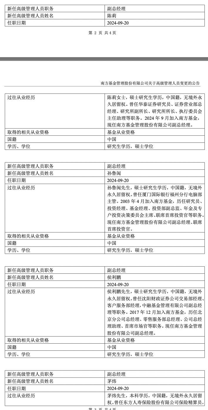 万亿公募南方基金高管团队换届：新聘任四位副总经理，三人卸任